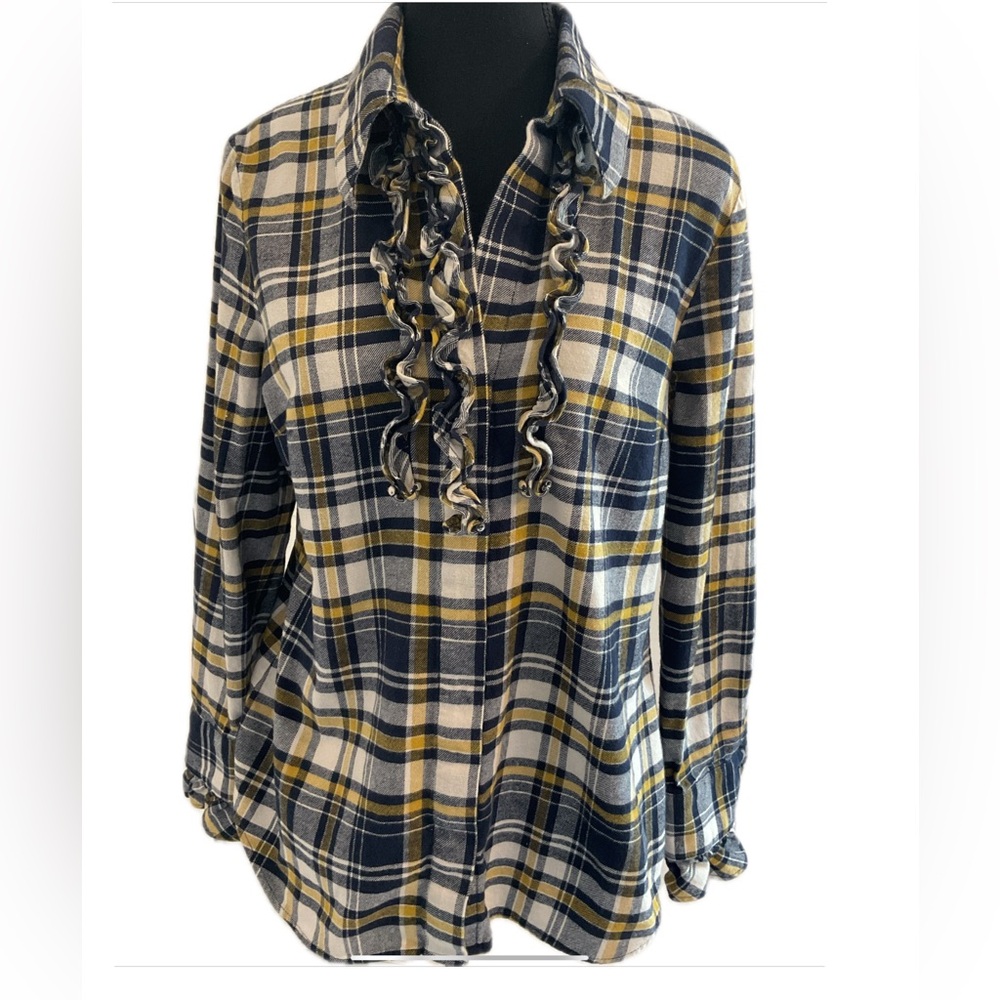 **CAbi Seattle Shirt Navy and Yellow Plaid Button Down Shirt